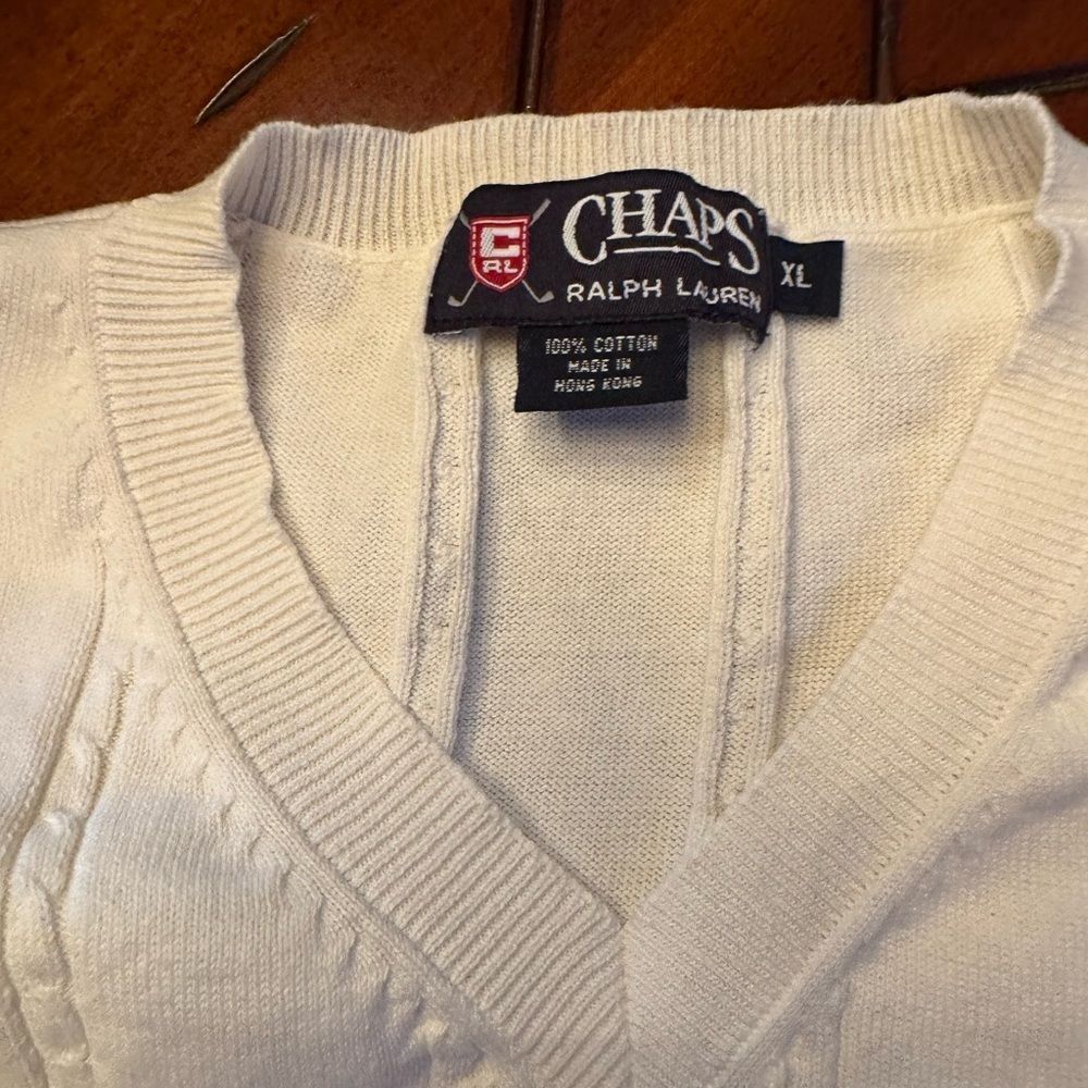 Vintage Chaps Ralph Lauren Men's Golf White V-Neck Sweater Knitted XL Made in HK